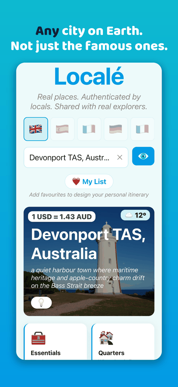 Localé open on Devonport, Tasmania — a small town, not a famous city — with live currency, weather and category tiles.