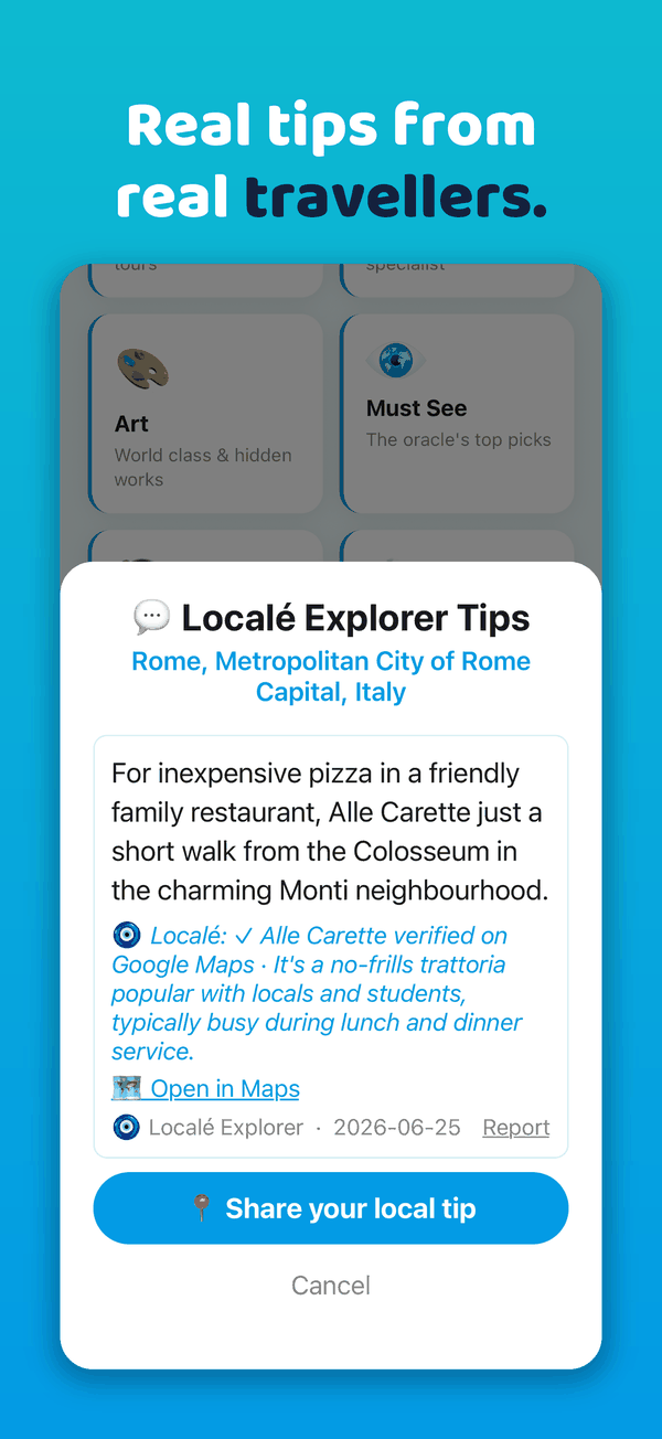 Explorer Tips in Localé: a traveller's tip about a Rome trattoria, with a Localé verification note and a map link.