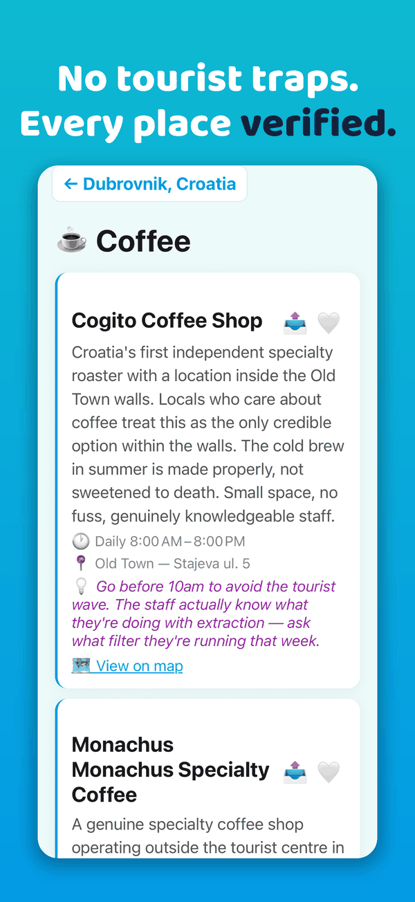 Localé showing verified coffee spots in Dubrovnik, Croatia, each with opening hours, address and a local tip.